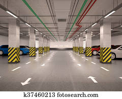 3d, abbildung, von, unterirdische, parken, mit, autos