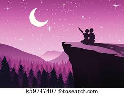 couple pointing to the moon in a night with stars sitting on cliff and close to a pine forest, silhouette style couple pointing to the moon in a night with stars sitting on cliff and close to a pine forest, silhouette style