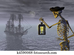 esqueleto, pirata, com, fantasma, navio