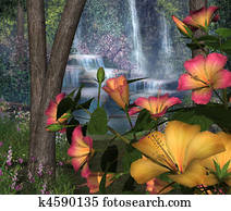 hibisco, flores, com, cachoeiras