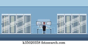 mann, arbeitende, daten zentrieren, technische, zimmer, hosting, server, datenbank mann, arbeitende, daten zentrieren, technische, zimmer, hosting, server, datenbank