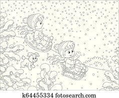kleine kinder, schlitteln, unten, a, schnee, hügel kleine kinder, schlitteln, unten, a, schnee, hügel