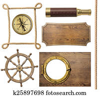 nautical objects rope, compass, steering wheel, signboard, porthole isolated nautical objects rope, compass, steering wheel, signboard, porthole isolated