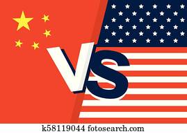 verenigde staten van amerika, vlag, en, china dundoek, samen., twee, vlaggetjes, gezicht om te confronteren, symbool, voor, de, verhouding, tussen, de, twee, countries.