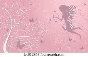 fada, com, borboletas, perto, um, árvore