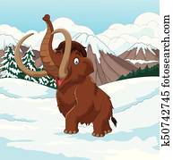 karikatur, wolliges mammut, gehende, durch, a, verschneit, feld karikatur, wolliges mammut, gehende, durch, a, verschneit, feld