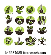 plantação árvore, e, verde, jardinagem, horticultura, vetorial, ícones, jogo