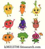 Vegetables Vector Set Patch Sticker Isolated On Blue Background Cute