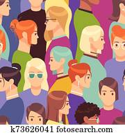 Woman seamless pattern. Female crowd from diverse ethnic groups, international womens day, feminism concept. Fashion vector wallpaper