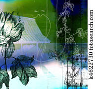 A collage using botanical and?architectural?elements to construct a?balanced composition. A collage using botanical and?architectural?elements to construct a?balanced composition.