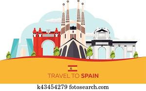 Travel to Spain skyline. Sagrada Familia. Vector flat illustration. Travel to Spain skyline. Sagrada Familia. Vector flat illustration.