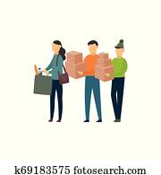 Young volunteer people with donation boxes, cartoon characters doing charity