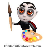 3d Funny cartoon dracula vampire character holding a paintbrush and palette 3d Funny cartoon dracula vampire character holding a paintbrush and palette