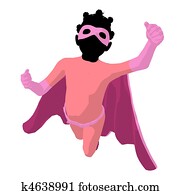 americano africano, super héroe, niña, ilustración, silueta