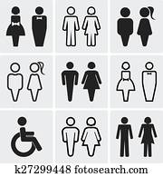 nyilvános illemhely, körvonal, ikon, set.