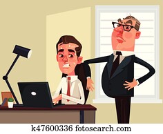 Strict boss businessman watching scared employees office worker character. Vector flat cartoon illustration Strict boss businessman watching scared employees office worker character. Vector flat cartoon illustration