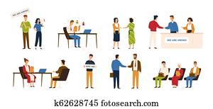 colección, de, gente, toma, parte, en, reclutamiento, o, arriendo, process., hombres y mujeres, sentado, en la línea, hablar, durante, entrevista de trabajo, sacudida, hands., coloreado, vector, ilustración, en, plano, caricatura, style.