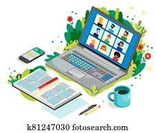 teleconference, web, videokonferenz, rufen, während, coronavirus, covid-19., kollegen, sprechen, einander, auf, dass, edv, screen., arbeiten, home.