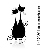 Couple cats sitting together, black silhouette for your design Couple cats sitting together, black silhouette for your design