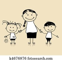 familia feliz, sonriente, juntos, madre y niños, dibujo, bosquejo