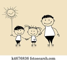 Happy family smiling together, father and children, drawing sketch