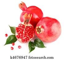 pomegranate fresh fruits with green leaves