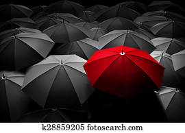 Red umbrella stand out from the crowd. Different, leader. Red umbrella stand out from the crowd. Different, leader.