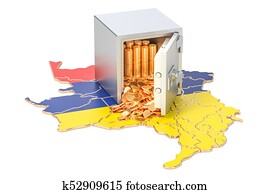 Safe box with golden coins on the map of Colombia, 3D rendering Safe box with golden coins on the map of Colombia, 3D rendering