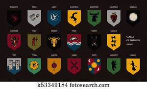 Set of heraldic symbols or logos of various Game of Throne noble houses isolated on dark background. Bundle of coat of arms or sigils of different fantasy kingdoms. Colorful vector illustration.