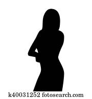 Standing business woman with folded arms. Isolated vector silhouette. Teacher, manager, lawyer, financial advisor, succesful woman at work.