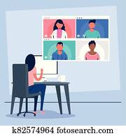 woman using desktop in virtual conference communication woman using desktop in virtual conference communication