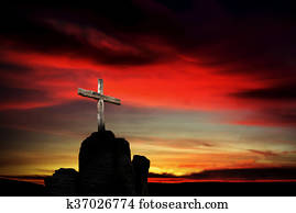 cristiano, cruce, oscuridad, puesta sol roja, plano de fondo