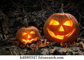 dia das bruxas, abóboras, ligado, pedras, à noite