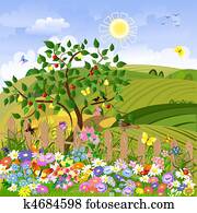 Rural landscape with fruit trees and a fence Rural landscape with fruit trees and a fence