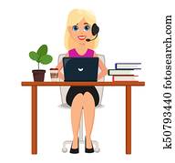 unternehmerin, arbeiten, laptop, an, sie, büro, desk., hübsch, karikatur, zeichen, mit, headset.