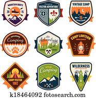 Vintage summer camp and outdoor badges Vintage summer camp and outdoor badges
