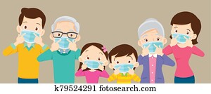 grande, familia, llevando, un, máscara quirúrgica, para lo impedir, virus, covid-19, con, espacio de copia, para, bandera