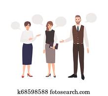 Group of office workers or colleagues talking to each other and speech bubbles. Dialog between clerks. Professional conversation at work, formal negotiation. Flat cartoon vector illustration. Group of office workers or colleagues talking to each other and speech bubbles. Dialog between clerks. Professional conversation at work, formal negotiation. Flat cartoon vector illustration.