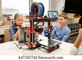 feliz, crianças, com, 3d, impressora, em, robótica, escola