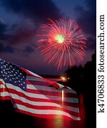 Fireworks and American Flag