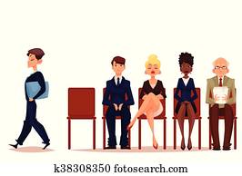 geschäftsmenschen, männer frauen, warten, für, bewerbungsgespraeche