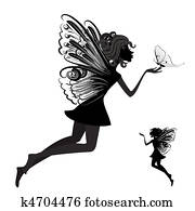 silhuett, av, a, fe, med, fjäril