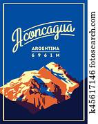 Aconcagua in Andes, Argentina outdoor adventure poster. High mountain illustration. Aconcagua in Andes, Argentina outdoor adventure poster. High mountain illustration.