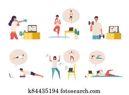 Online fitness concept. Work out via monitor, laptop, tablet. Vector illustration of a people relaxing in their home. Online fitness concept. Work out via monitor, laptop, tablet. Vector illustration of a people relaxing in their home.
