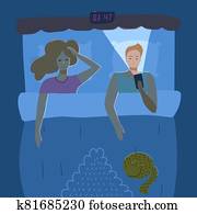 Sleepless Couple of young people. Insomnia concept. Top view. Man and woman lying in the bed. Vector character illustration in a flat style.