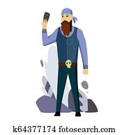 älterer mann, radfahrer, sprechen, zelle, klug, telefongerät, flache, vektor, illustration., mann, mit, a, bart, photographs., sephi, vektor, concept.