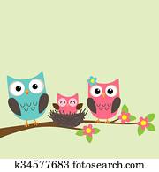 Cartoon family of owls