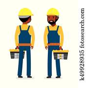 Construction worker with tool bag. Isolated against white background. Vector illustration.