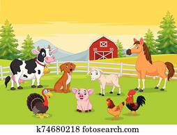 Cartoon farm animals in the farming background Cartoon farm animals in the farming background