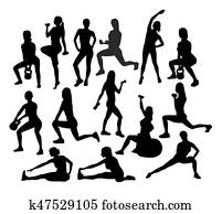 ginásio, e, condicão física, atividade, silhuetas